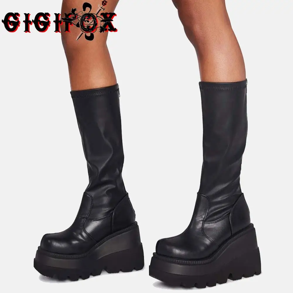 

Brand New Big Size 43 Shoelaces Wedge High Heels Platform Tide Trendy Cool Autumn Winter Mid-Calf Boots Shoes Women Footwear