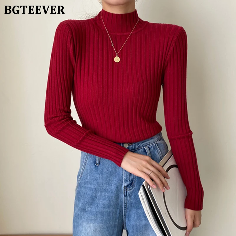 

BGTEEVER New Autumn Winter Half Turtleneck Ladies Knitted Pullovers Long Sleeve Slim Female Sweaters 2021