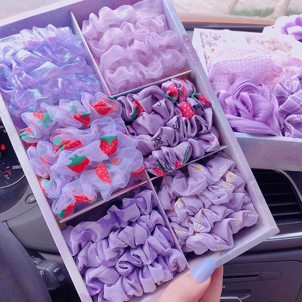 

16/18/20/24pcs/ Box Korean Chiffon Scrunchies Pack Elastic Hair Band Women Girls Colorful Print Ponytail Holder Hair Accessories