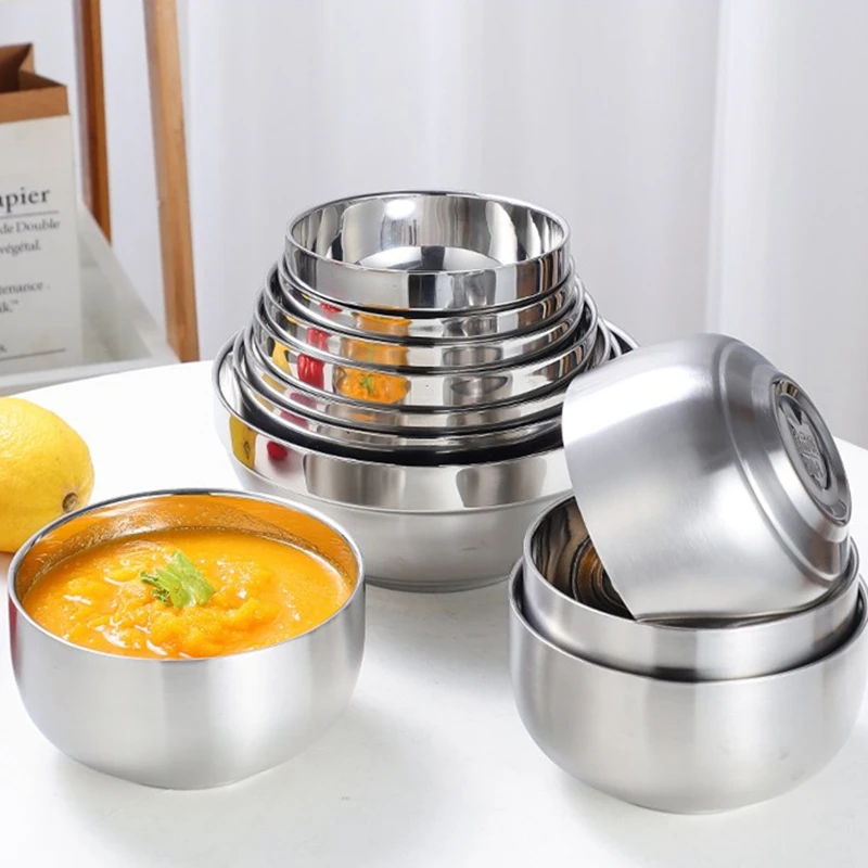 

Stainless Steel Noodle Rice Soup Bowl Fruit Salad Baking Tools Double-Layer Kitchen Tableware Cooking Food Storage Containers