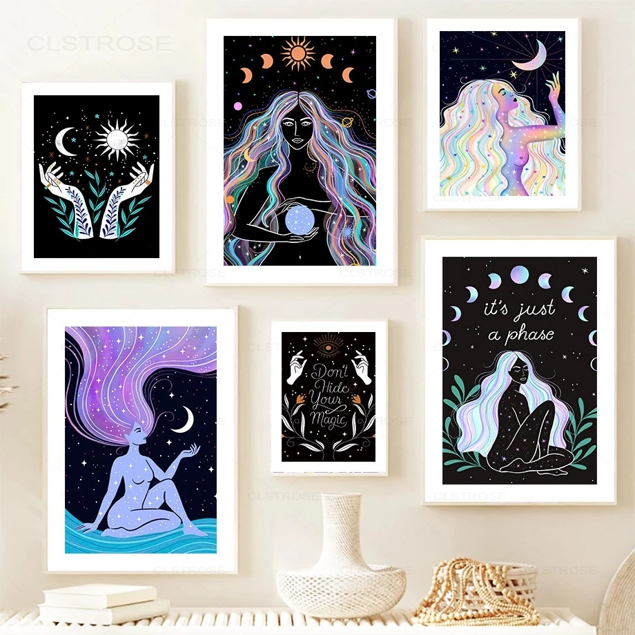 

Boho Cartoon Witch Moon Sun Witchcraf Flower Leaf Canvas Painting Nordic Posters and Prints Girl Room Decoration Wall Pictures