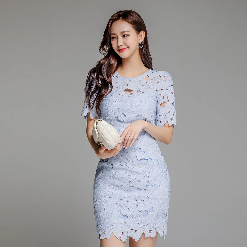 

Blue Hollow out One piece Dress for women Summer Short Sleeve O neck Backless sundress Sexy Ladies Club Mini Bodycon Dresses