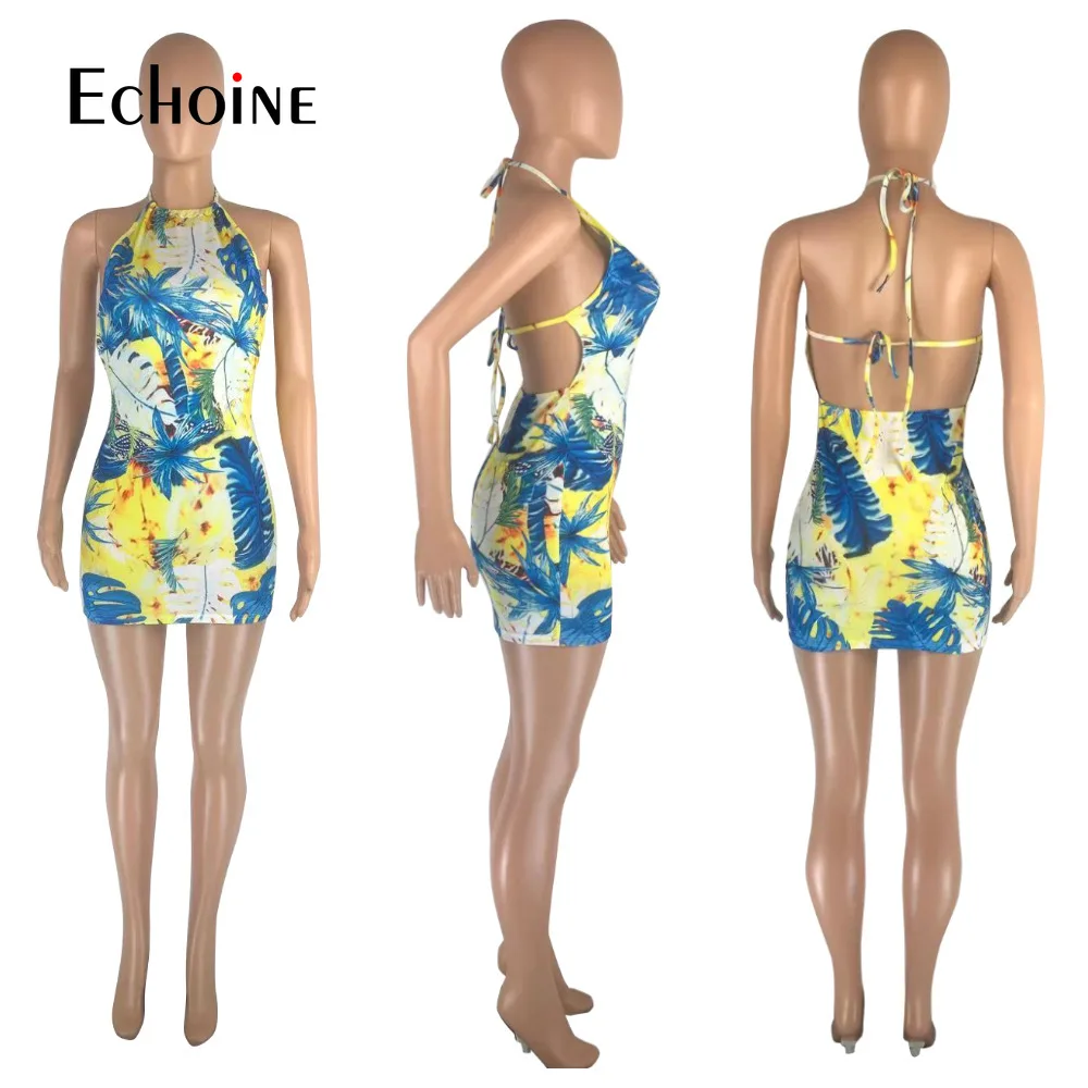 

Echoine Women Print Sleeveless Bandage Halter Backless Dress Stretchy Bodycon Mini Dresses Summer Sexy Fashion Party Outfits