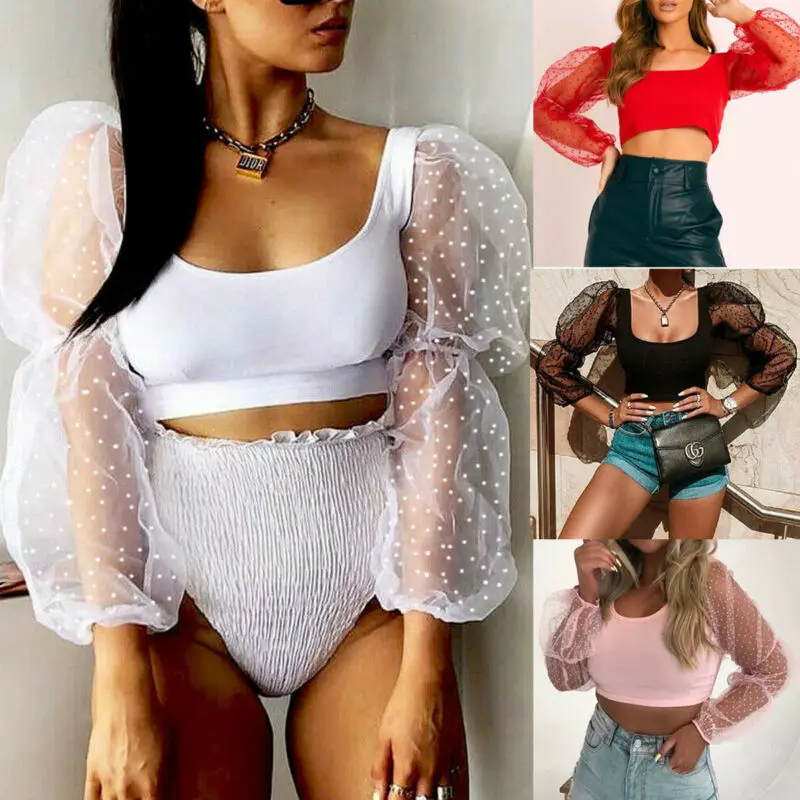 Женский сексуальный короткий топ кружевная прозрачная сетчатая блузка в горошек
