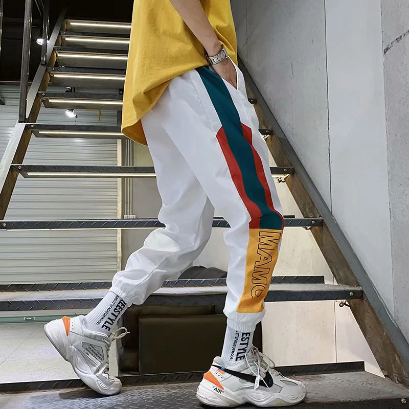 

2021 new men's feet stitching color loose long sleek pants