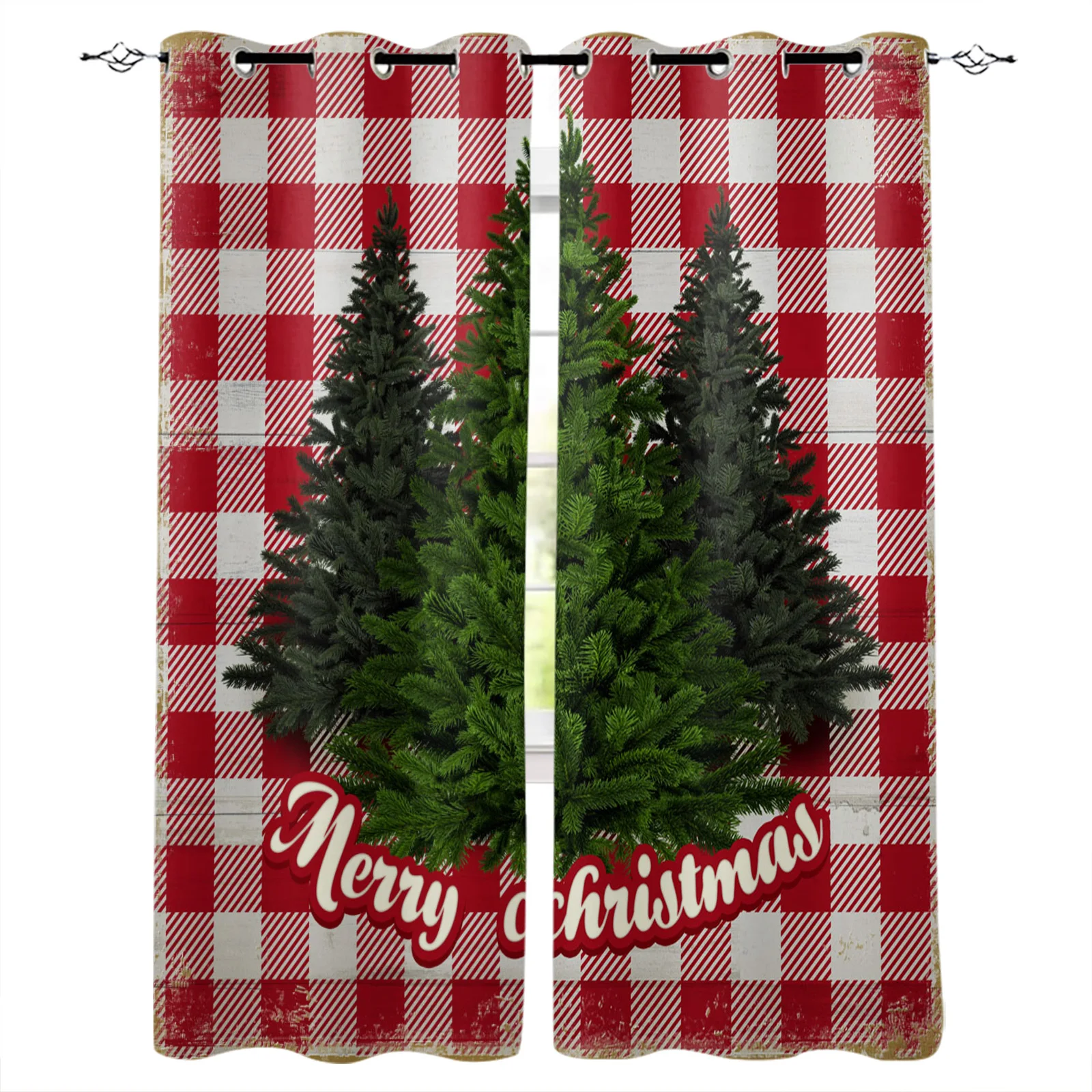 

Christmas Tree Lattice Retro Plaid Wood Grain Curtains For Living Room Bedroom Kitchen Window Decor For Home Xmas Gifts Navidad