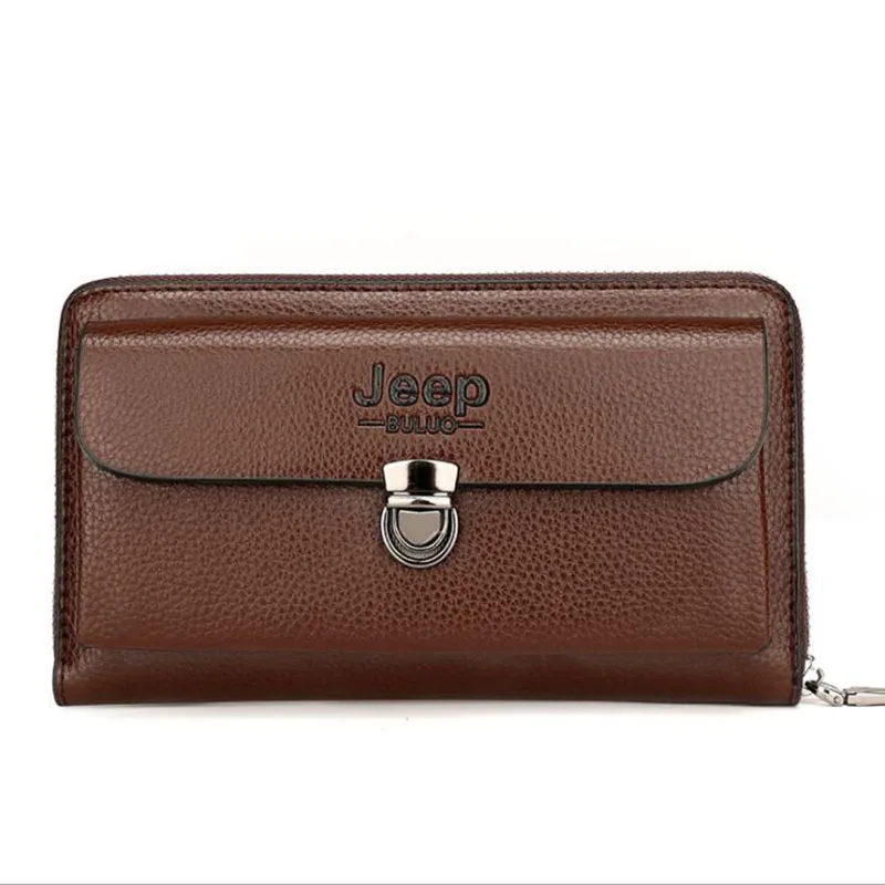

2021 New Brand Men Clutch Bag Fashion Leather Long Purse Double Zipper Business Wallet Black Brown Male Casual Handy Bag