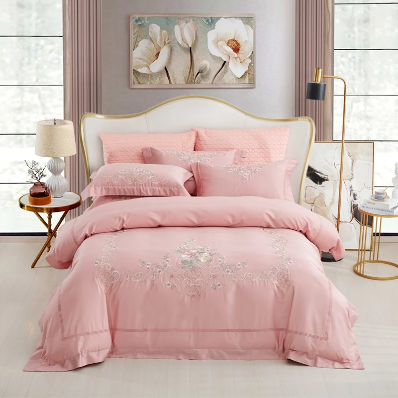 

Pink embroidery bedlinen Bedding Set King Queen Size Bed Linen egyptian cotton Duvet Cover Bedspread Set Pillowcases