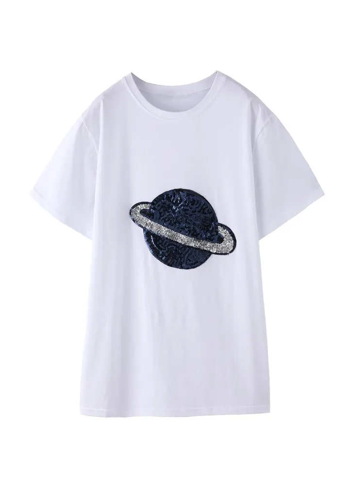 Женская летняя футболка с коротким рукавом и блестками белая Повседневная