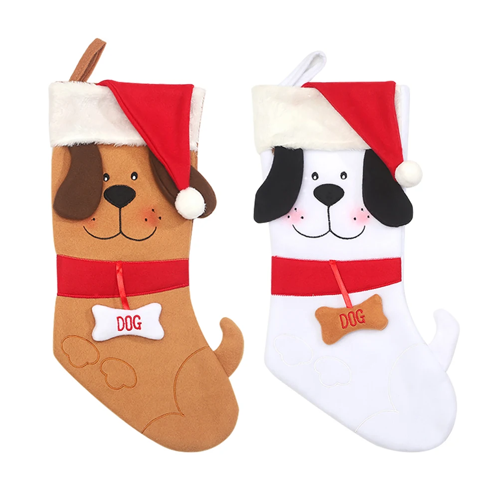 

Dog Christmas Stockings with Bone Xmas Hat Carton Puppy Stocking Washable Portable Kids Bag Candy Holder Fireplace Decoration