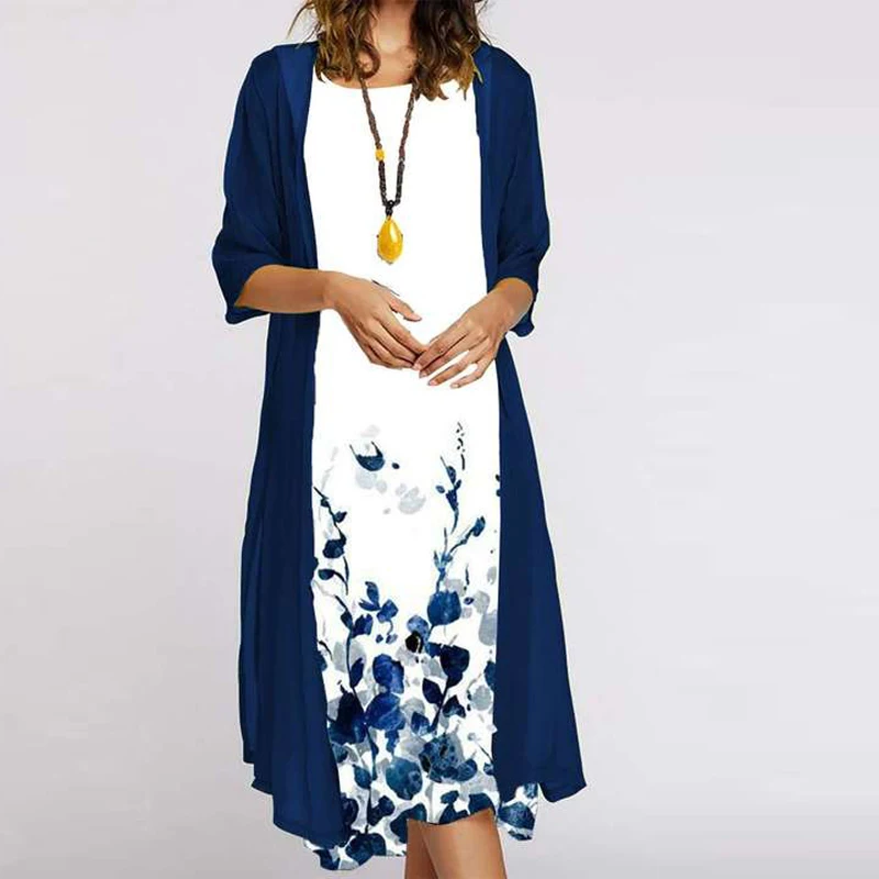 

Elegant Floral Print Lady Fake Two Piece Dress Spring Beach dress/veil With Chiffon Cardigan New Autumn Half Sleeve Women Dress