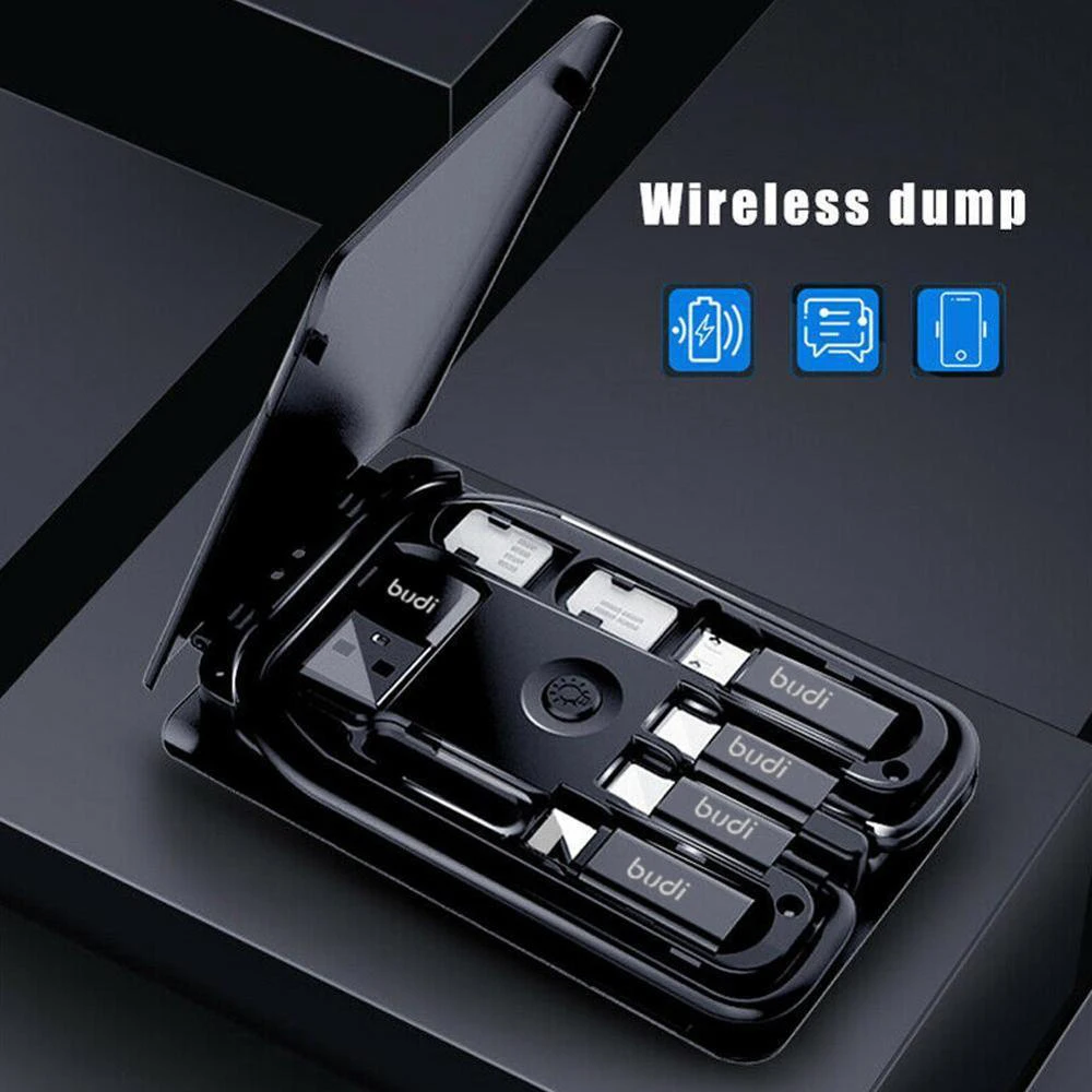 

BUDI Data Line Conversion Head 5W Wireless Charging Multifunction Universal Portable Smart Adapter Card Storage Box for IPhone