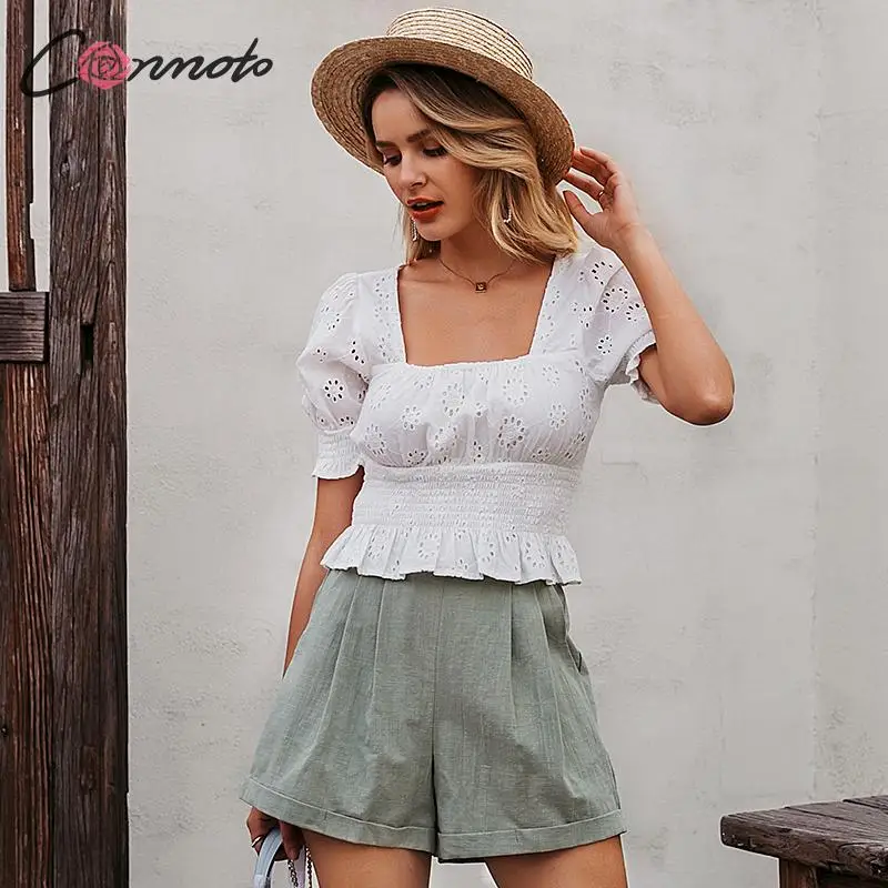 Conmoto Для женщин Белый Вышивка кроп топы и Блузка Леди Винтаж квадратный воротник