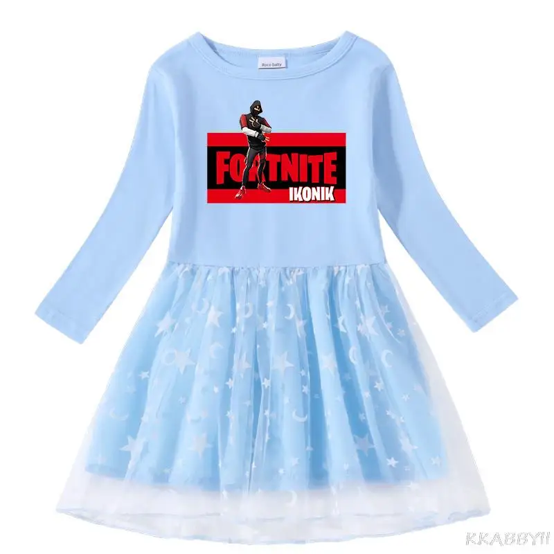 Новинка весна-осень платье для девочек Fortnites хлопковое с мультяшным рисунком