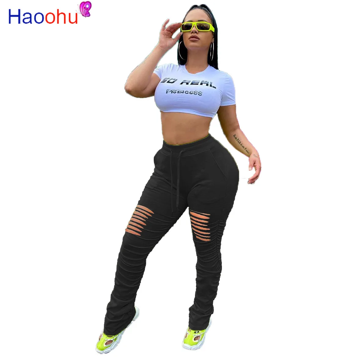 

Plus Size Neon Green Hole Stacked Joggers Women Stretch High Waist Bell Bottom Sweatpant Casual Bodycon Flare Trouser Leggings