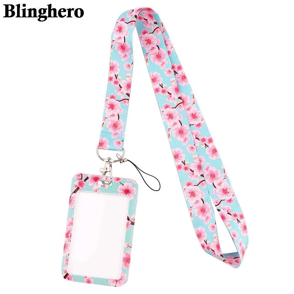 CB842 Beautiful Pink Cherry Blossom Lanyards ID Badge Card Holder Keychain Cell Phone Strap Gift Ribbon Necklace Decoration
