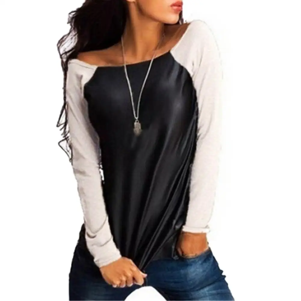 

Fashion Women Autumn Color Block Stitching Splice O Neck Long Sleeve Warm Faux Leather Top