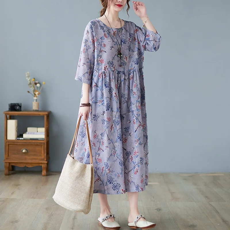 

Женское Повседневное платье с цветочным принтом, элегантное Свободное длинное платье из хлопка и льна в винтажном стиле, модель B831 на лето, ...