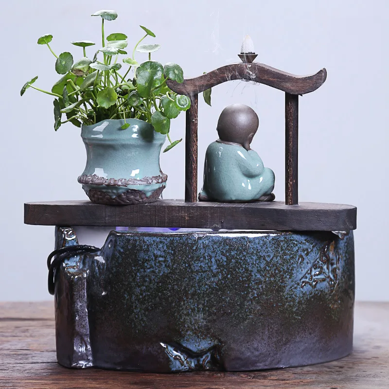 Water Fountain Ornaments Ceramic Atomizing Humidifier Waterfalls Illuminated Zen Monk Waterfall Home Office Decor | Дом и сад