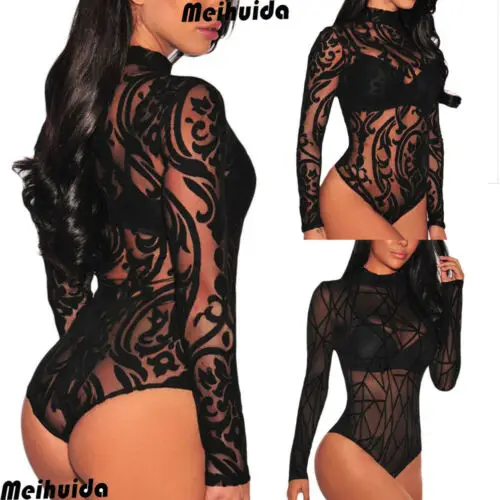 Женское летнее Прозрачное Кружевное боди прозрачное Сетчатое трико с длинным