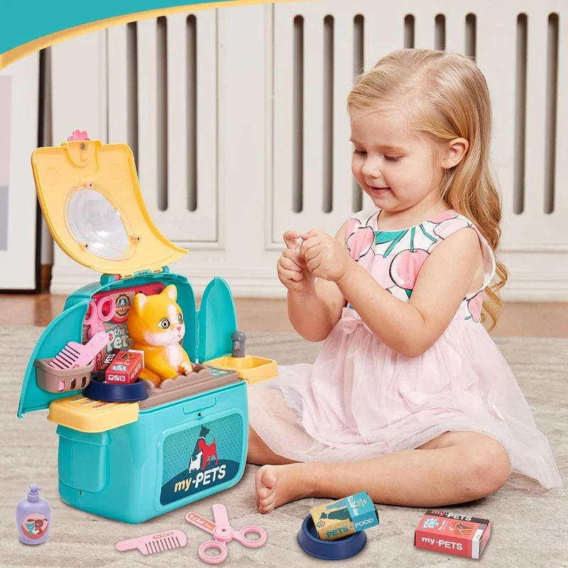 

Vet Toys for Kids Pet Care Role Play Set Cat Carrier Educational Grooming Feeding Toys with Backpack Gift