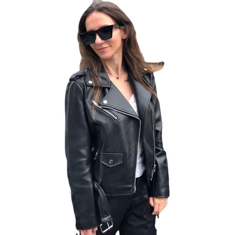 Spring Autumn Women Faux Leather Jacket Ladies Solid With Belt Zipper Biker Coat Female Casual Outwear