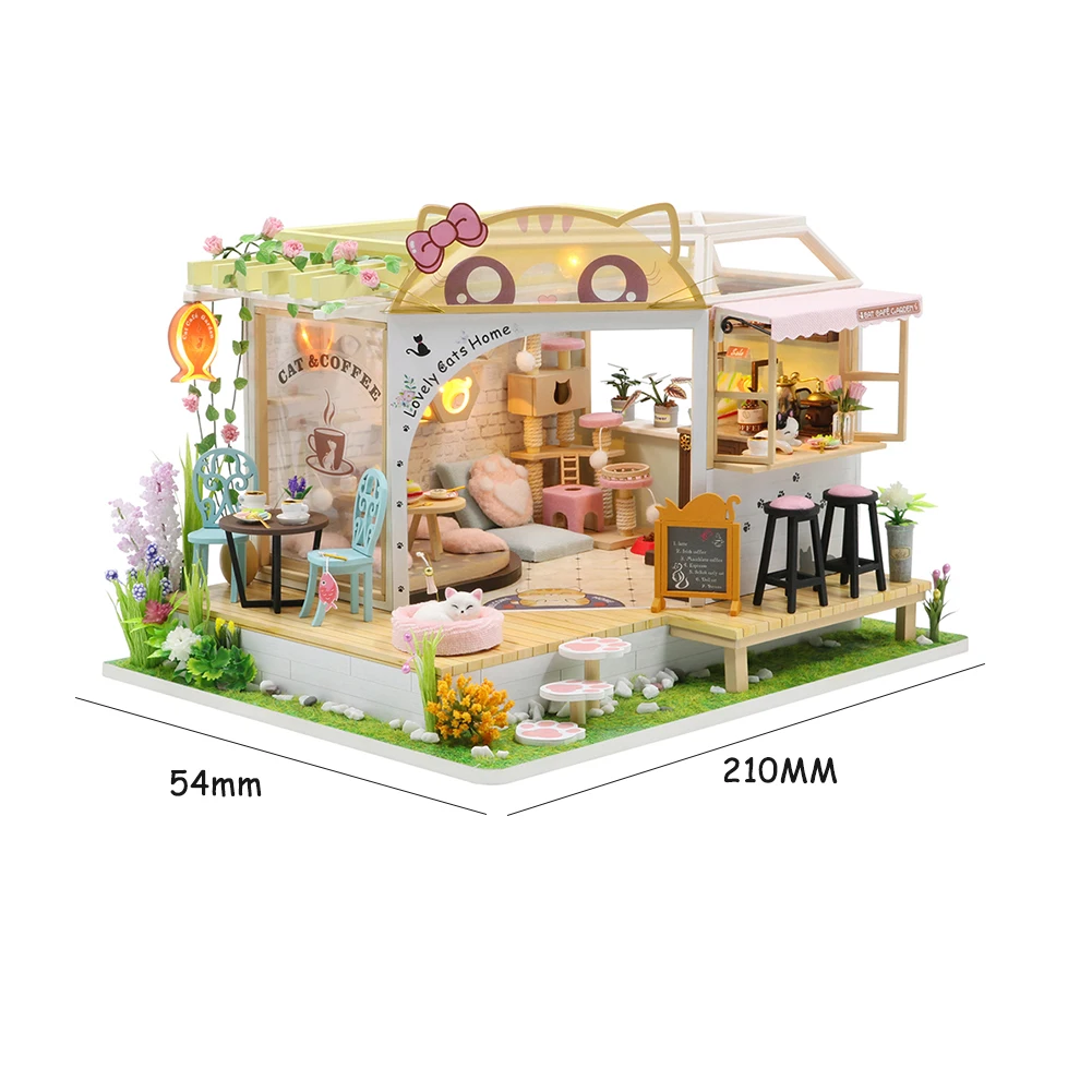 diy wooden dollhouse kits miniature with furniture cute cats coffee home casa dollhouse assembled toys for girls xmas gifts mini free global shipping