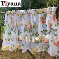 pastoral style half curtains transparent tulle valance colorful flowers short curtain for kitchen cabinet door