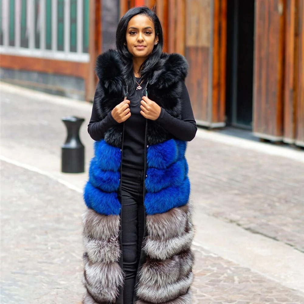 Fashion X-long Real Fox Fur Coat Sleeveless Winter New High Quality Genuine Full Pelt Fox Fur Vest with Hood Thick Fur Overcoats