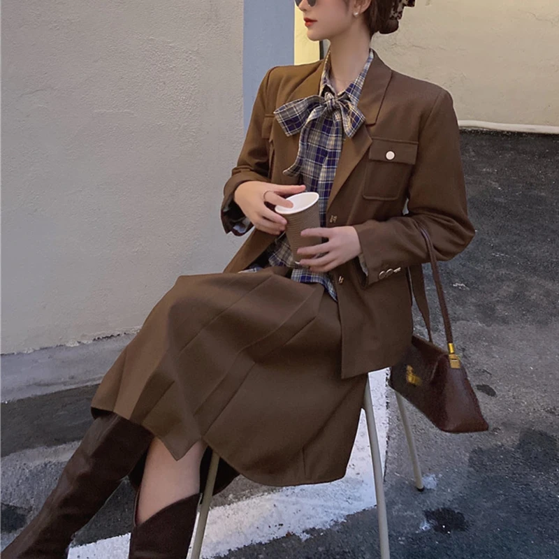 

2021 New Korean Fashion Set women2 piece set Solid blazer,Bow Shirt,high Waist Pleated Skirt Sold Separately Retro Harajuku Suit