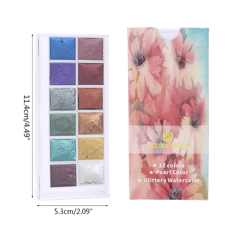 

Mini Pearlescent Solid Watercolor Paints Set Portable Water Color Paint 12 Colors For Painting Art Supplies