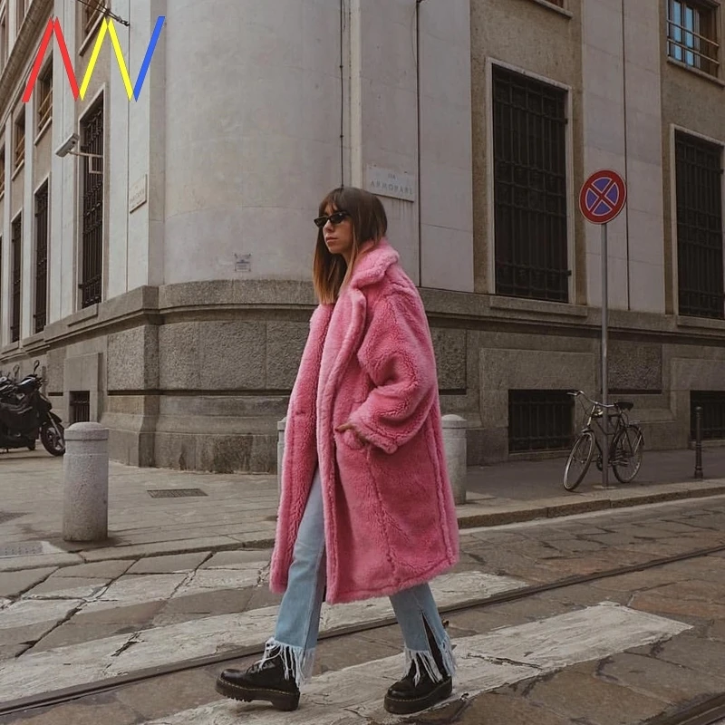 

YOSICIL 2021 Winter Thick Warm Solid Teddy Coat Women High Street Oversized Pink Faux Lamb Fur Coat Ladies Long Faux Fur Jacket