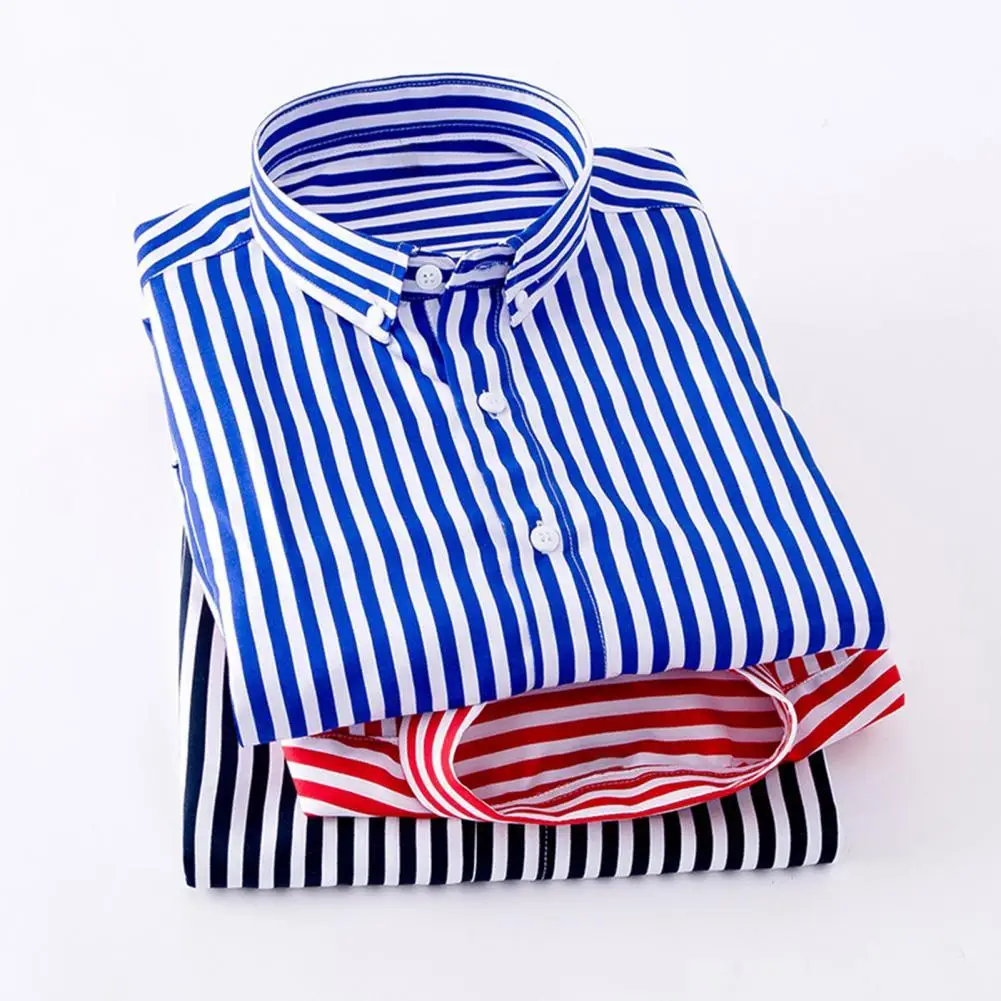 

Men's Shirt Striped Single-breasted Slim Lapel Shirt for Autumn Winter Long Sleeve Anti-Wrinkle Pocket Regular fit Social Shirt