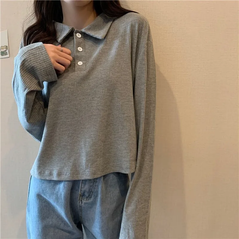 Футболка женская трикотажная с отложным воротником и длинным рукавом | Женская