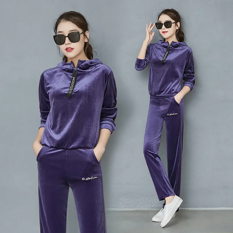 Purple Wei straight Осенняя и зимняя женская куртка спортивная модная повседневная мягкая велюровая Толстовка комплект из 2 предметов пуловер с длинными рукавами спортивные костюмы - Цвет: Purple Wei straight
