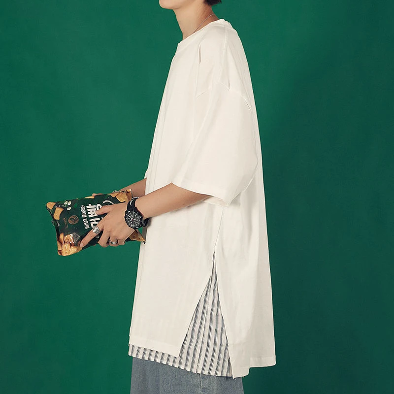 Футболка мужская оверсайз в полоску свободная рубашка с имитацией двух коротких