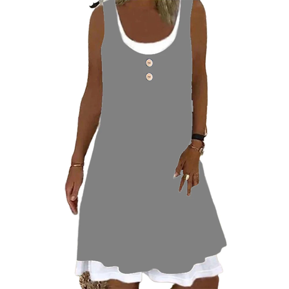 

2021 летнее платье для отдыха, однотонное платье без рукавов с О-образным вырезом, женское модное повседневное платье, мини-платье