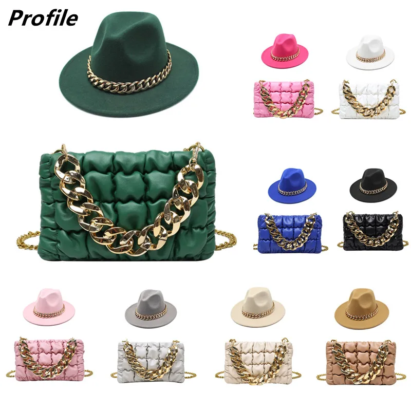 Шляпа-федора унисекс темно-зеленая легкая оверсайз с цепочкой комплект из двух