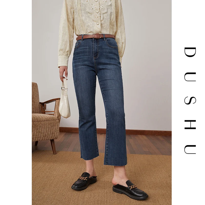 

DUSHU Plus size high waist flared jeans Women casual streetwear blue denim pants Spring summer fringe vintage skinny jeans pants