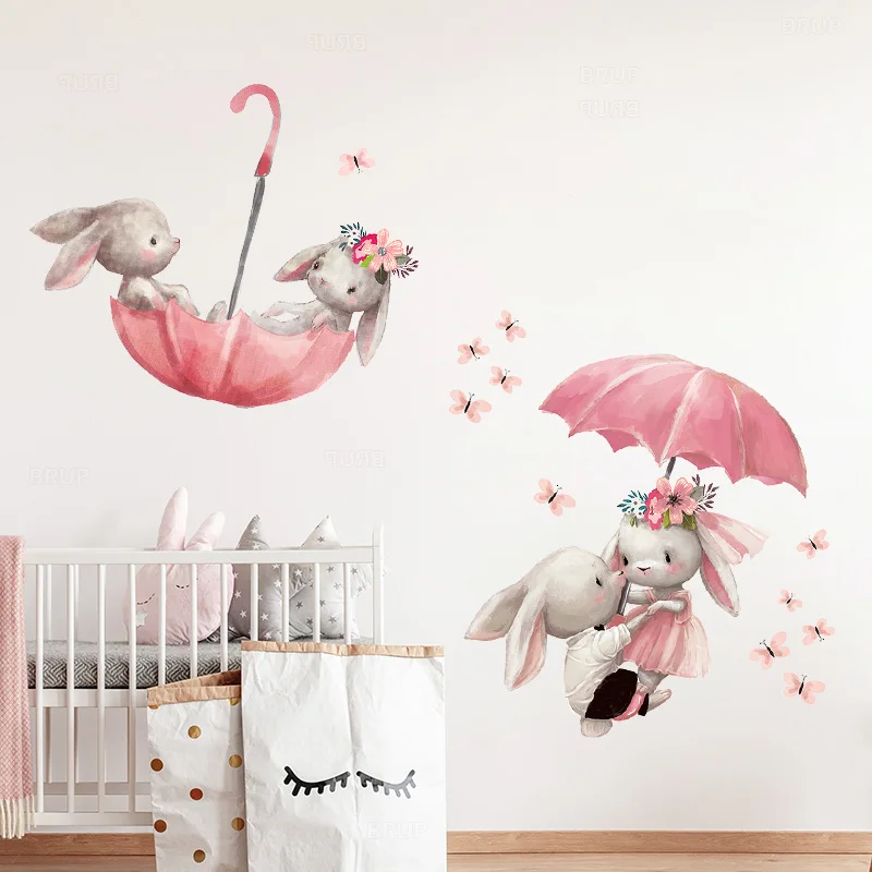 

Kids Room Cat Baby Nursery Wall Decals Pink Flower for Girl Room Home DecorationCute Grey Bunny Ballet Rabbit Wall Stickers for