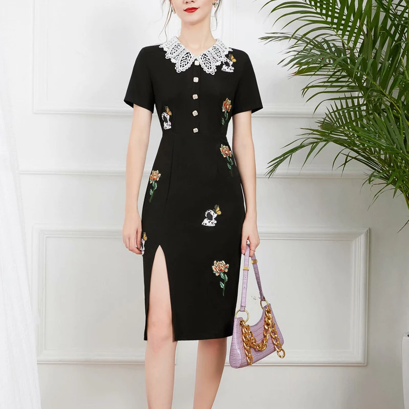 

2021 Summer New Style Retro Embroidery Flowers Water-Soluble Flowers Short-Sleeved Slim Temperament Split Mid-Length Dress
