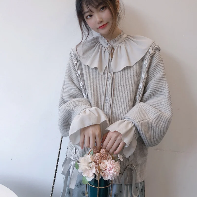 

Fashion Bandage Lantern Sleeve Design Femme Cardigan V Neck Single Breast Long Sleeve Knit Women Swetaer Solid Tops Spring