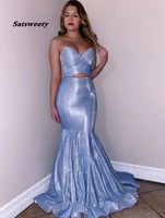 satsweety backless prom dresses spaghetti straps v neck blue two piece glitter evening gowns plus size party gown
