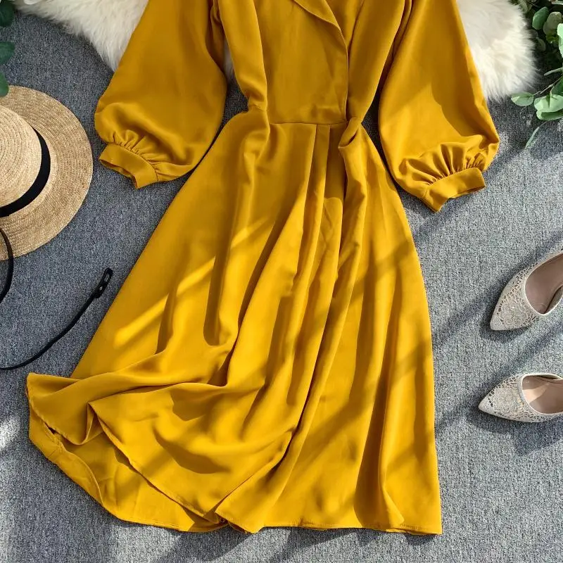 2020 Fashion Spring Summer Chiffon Slim V Neck Puff-Sleeve Belt Dress Beach Party Evening Women Casual Elegant Vestidos | Женская одежда