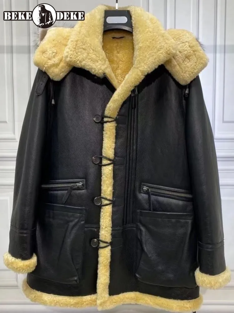 

Designer Men Medium Long Hooded Shearling Coat Winter Thick Warm Real Fur Sheepskin Outwear Hooded Motorcycle Jackets Oversize