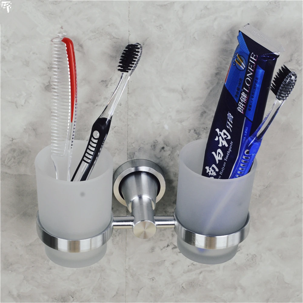 

Bright Brushed Space Aluminum Double Cup Holder Bathroom Hardware Pendant Frosted Cup Mouthwash Toothbrush Cup Holder