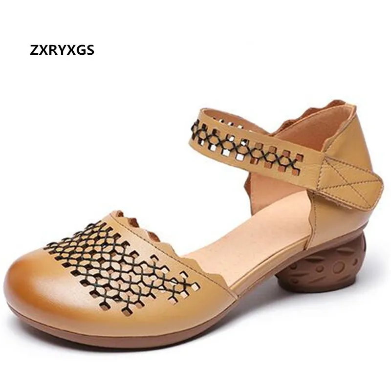 

2021 Лидер продаж летние туфли-лодочки из натуральной кожи; Модные сандалии на платформе босоножки с толстым каблуком удобная обувь круглый носок полые Женские босоножки