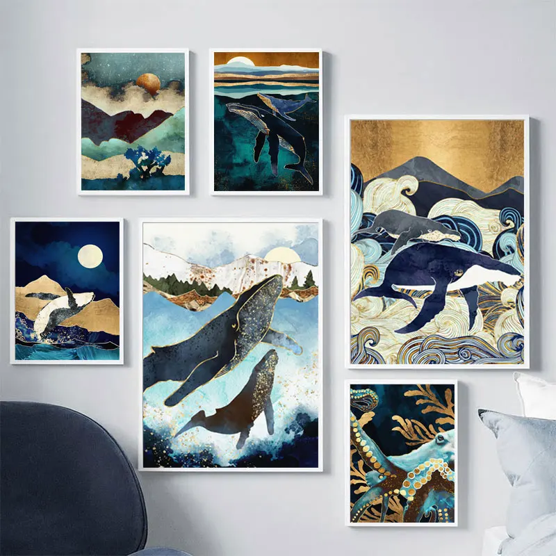 

Mountain Sea Forest Whale Abstract Landscape Wall Art Canvas Painting Nordic Posters Prints Wall Pictures For Living Room Decor