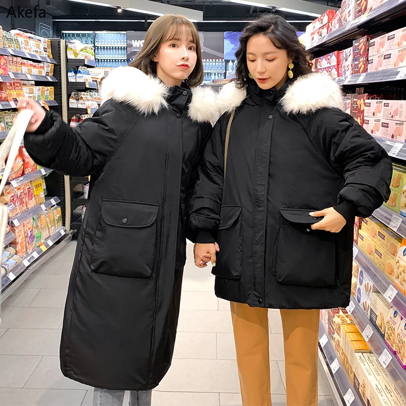 With Fur Collar Women's Winter Jackets Thick Long Parkas Female Hooded Solid Loose Korean Style Cotton Wram Coat Ladies | Женская