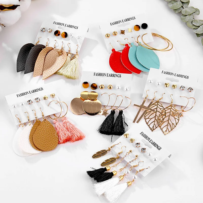 Набор серег FNIO Boho с кисточками для женщин кожаные серьги листьями большие